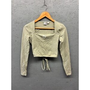 PUMA Women's Long Sleeve Crop Top Size S Sage Green Square‎ Neck Tie Hem Stretch